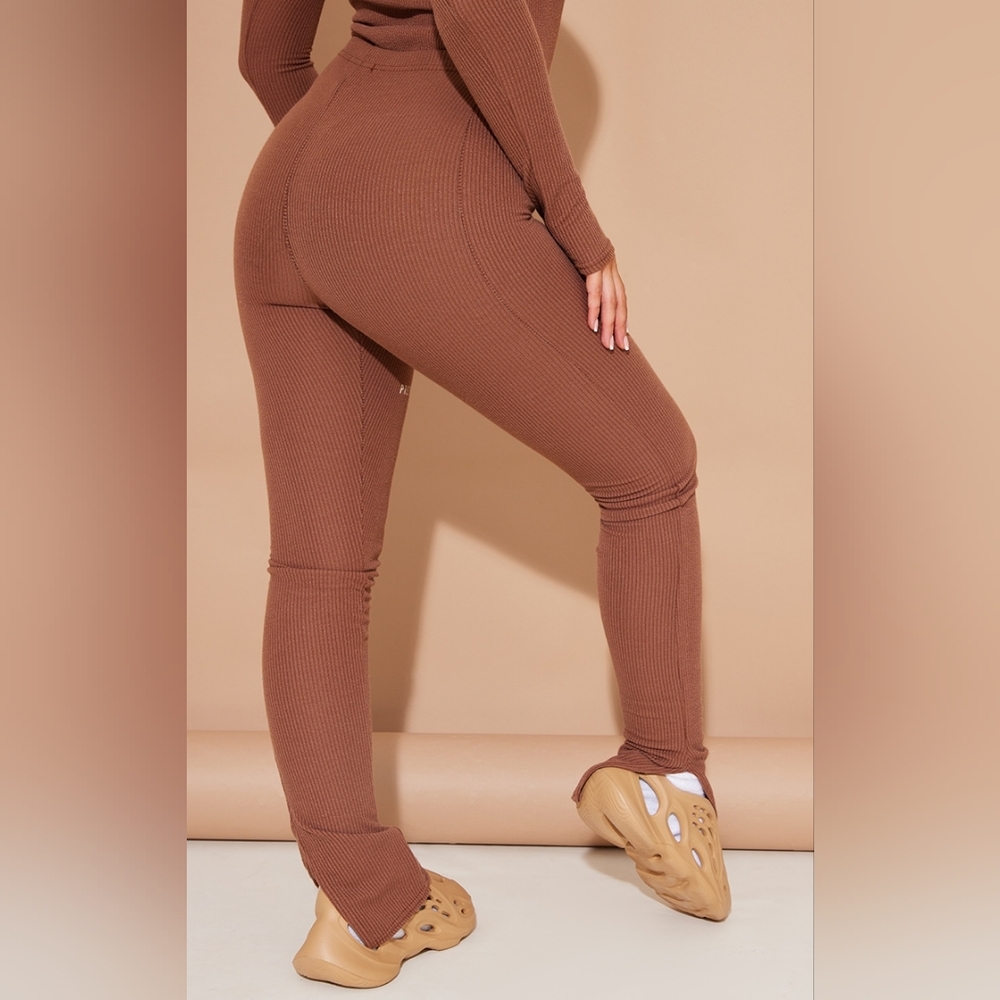 NWT PRETTYLITTLETHING Chocolate Rib Split Hem Leggings